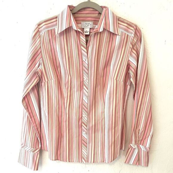 LOFT Tops - LOFT Striped Button Blouse Women’s Sz Small Cotton Career Wear Pink/Yellow/White